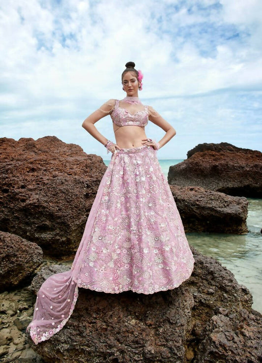 House of Panchhi Mauve Organza Sequins, Zarkan And Thread Embroidery Lehenga Choli & Dupatta | Swadesiicart