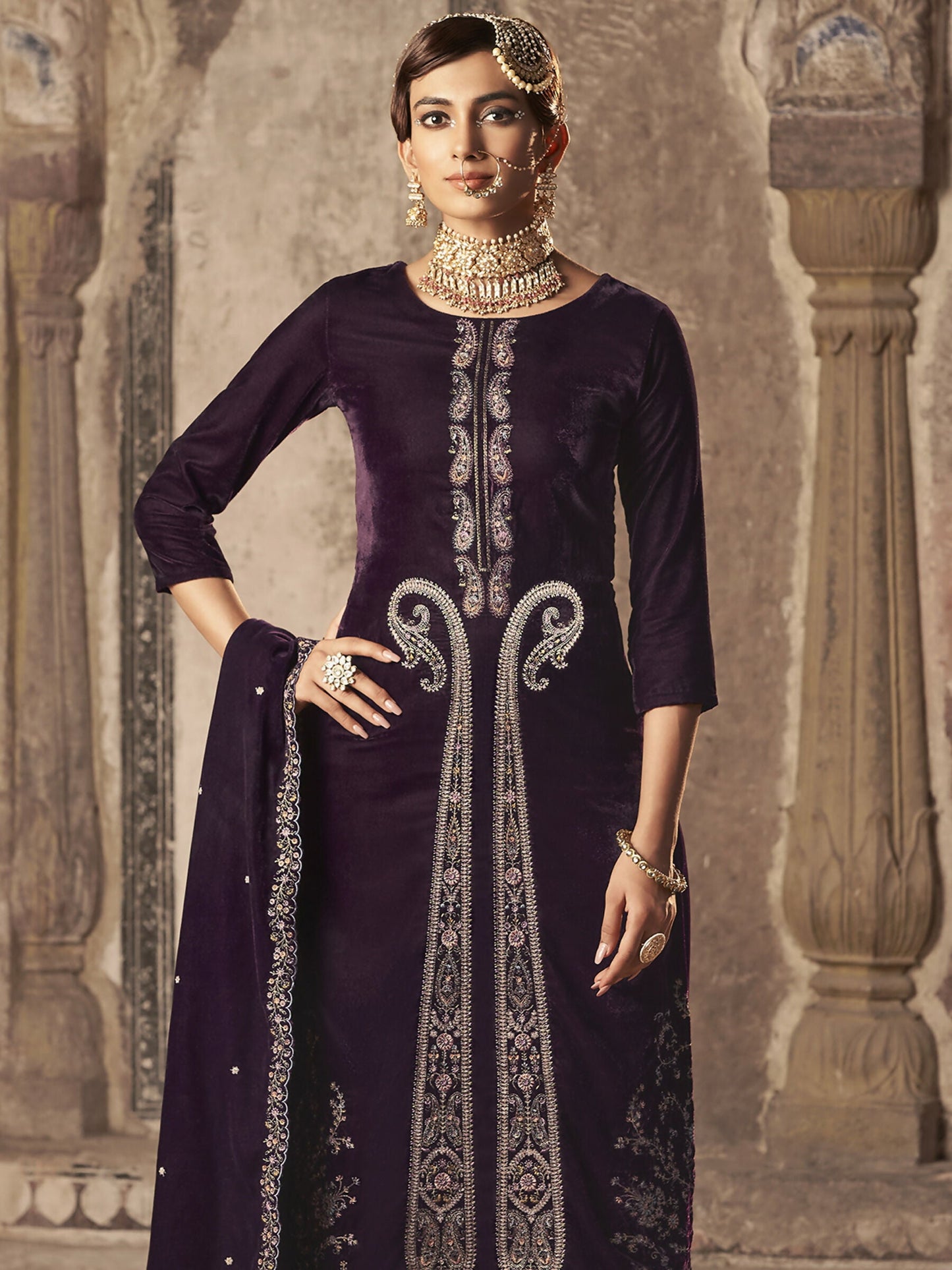 Jyoti Fashion Women's Wine Velvet Floral Resham Thread with Jari work Kurta with Trouser & Dupatta | Swadesiicart