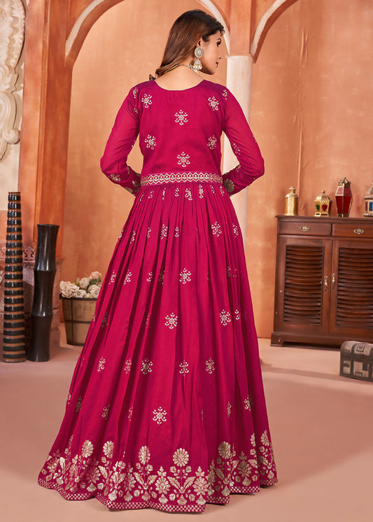 Hot Pink Festive Embroidered Art Silk Anarkali Suit - Emponline | Swadesiicart