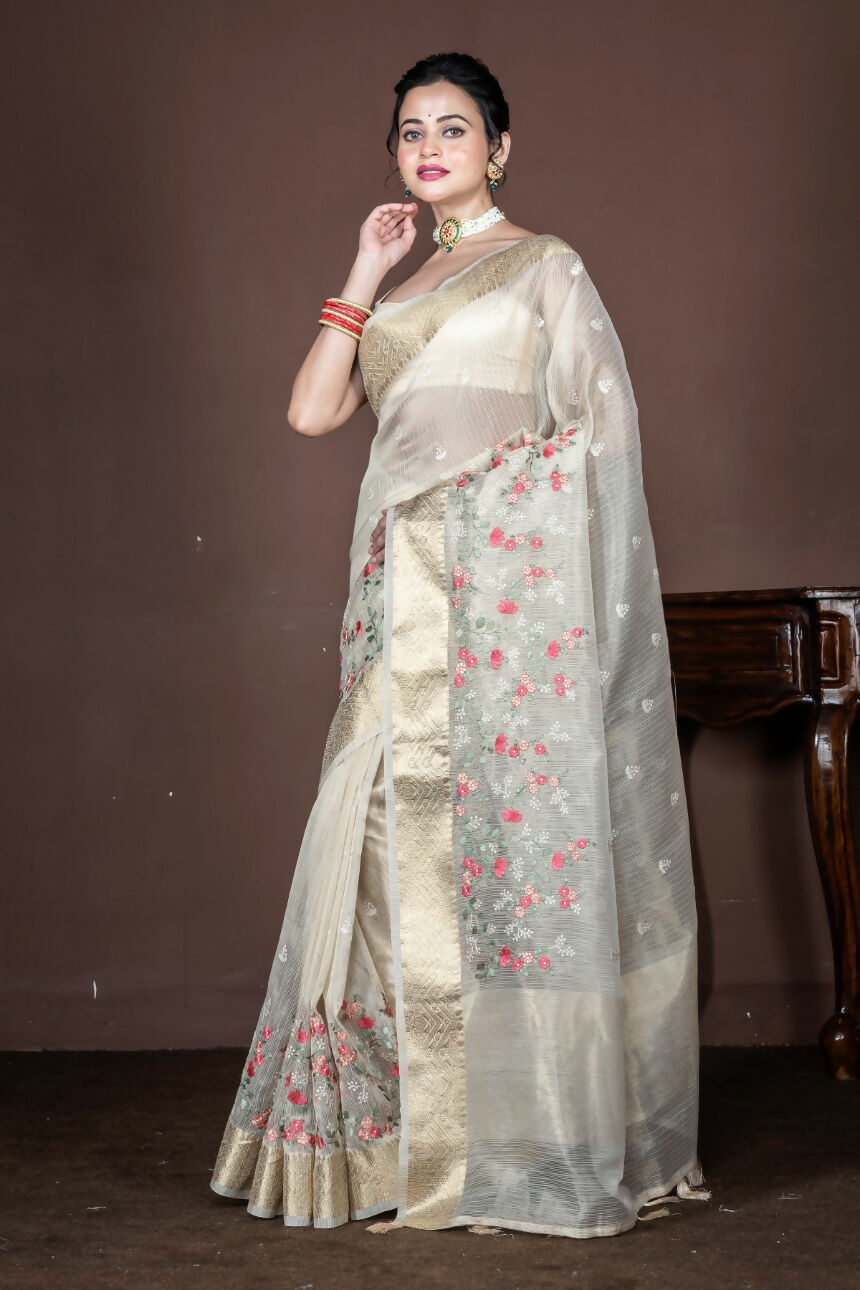 Morchari Beige Banarasi Tissue Computer Embroidery Saree Unstitched Blouse | Swadesiicart