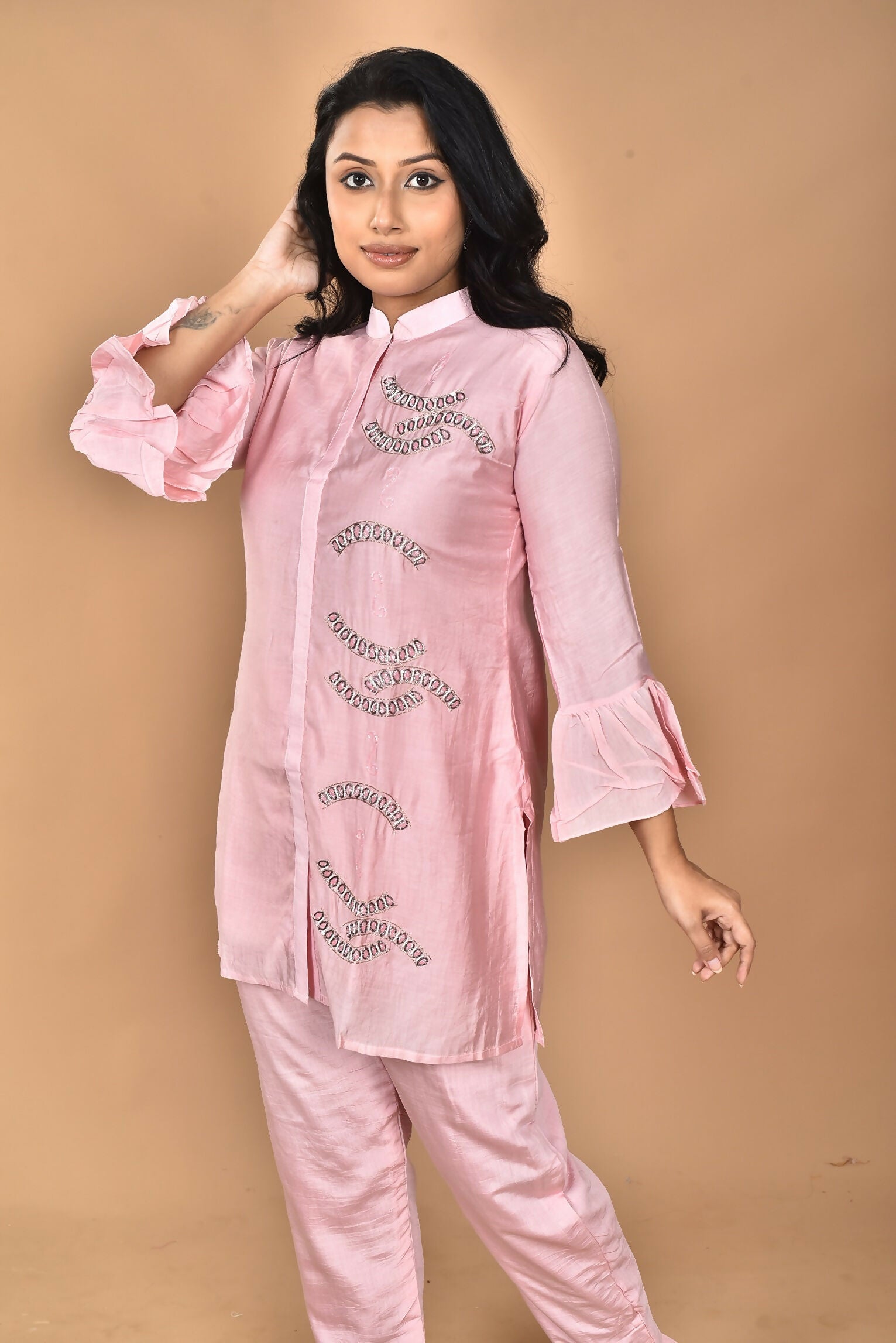 Morchari Women Hand Embroidery Co-Ords-Pink - Swadesiicart