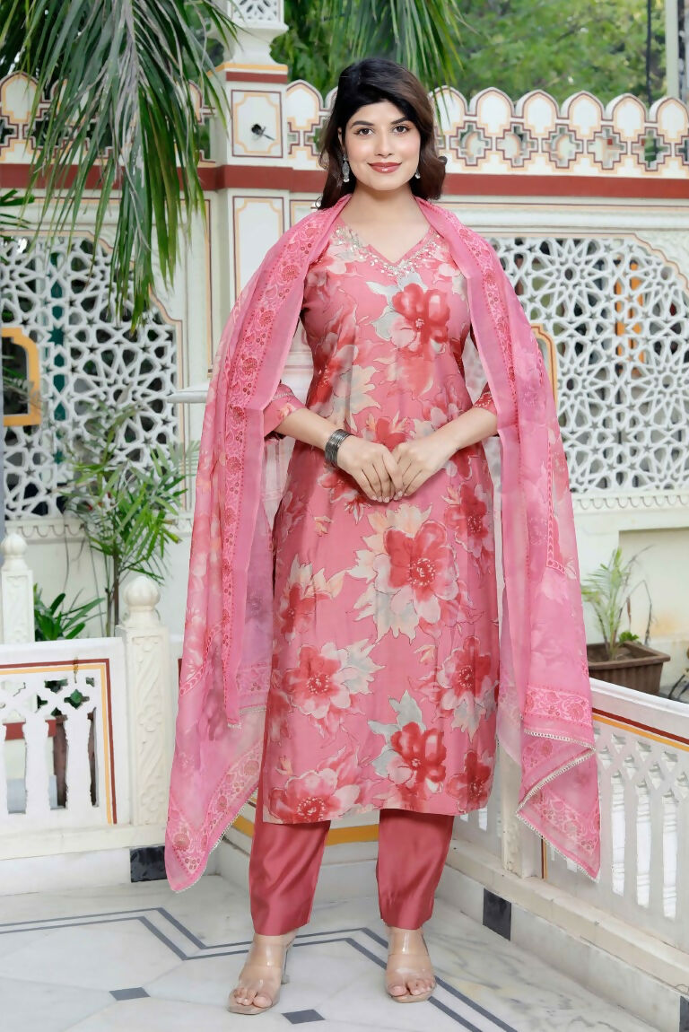 Miravan Women's Muslin Pink V-Neck Embroidered Kurta with Palazzo and Dupatta - Swadesiicart