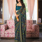 Blue Georgette Brasso Floral Printed Saree With Unstitched Blouse Piece - Zyanya