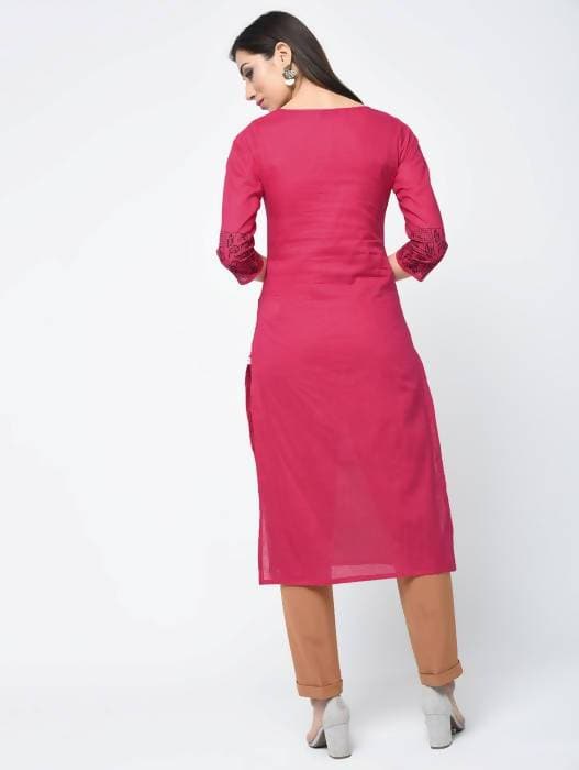 Aniyah Cotton Block Printed Straight Pink Kurta (AN-114K) - Swadesiicart