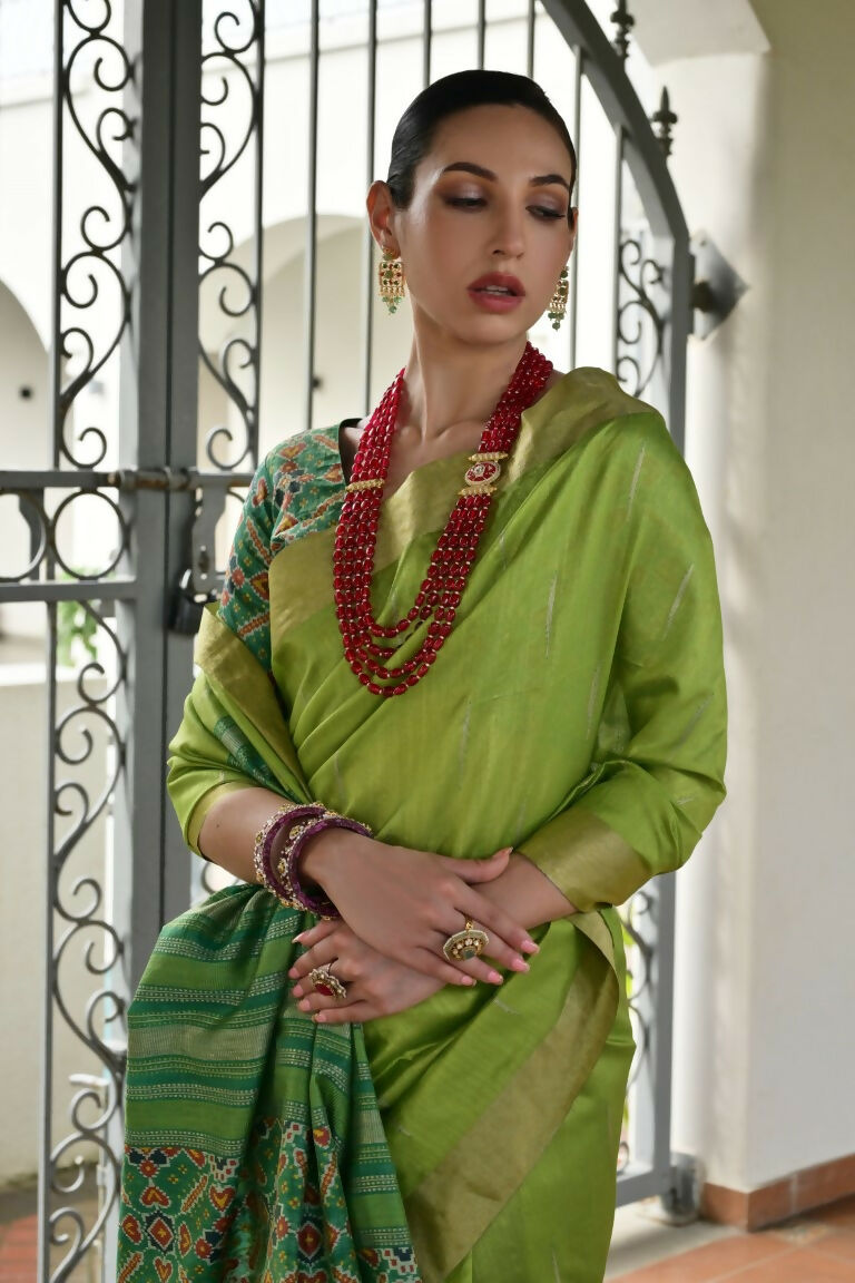 Vishnu Weaves Women's Mahendi Raw Silk Patola Zari Woven Saree with Blouse - Swadesiicart