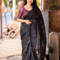 Black Pure Linen Ethnic Motifs Saree with Unstitched Blouse - Hiral Fashion | Swadesiicart