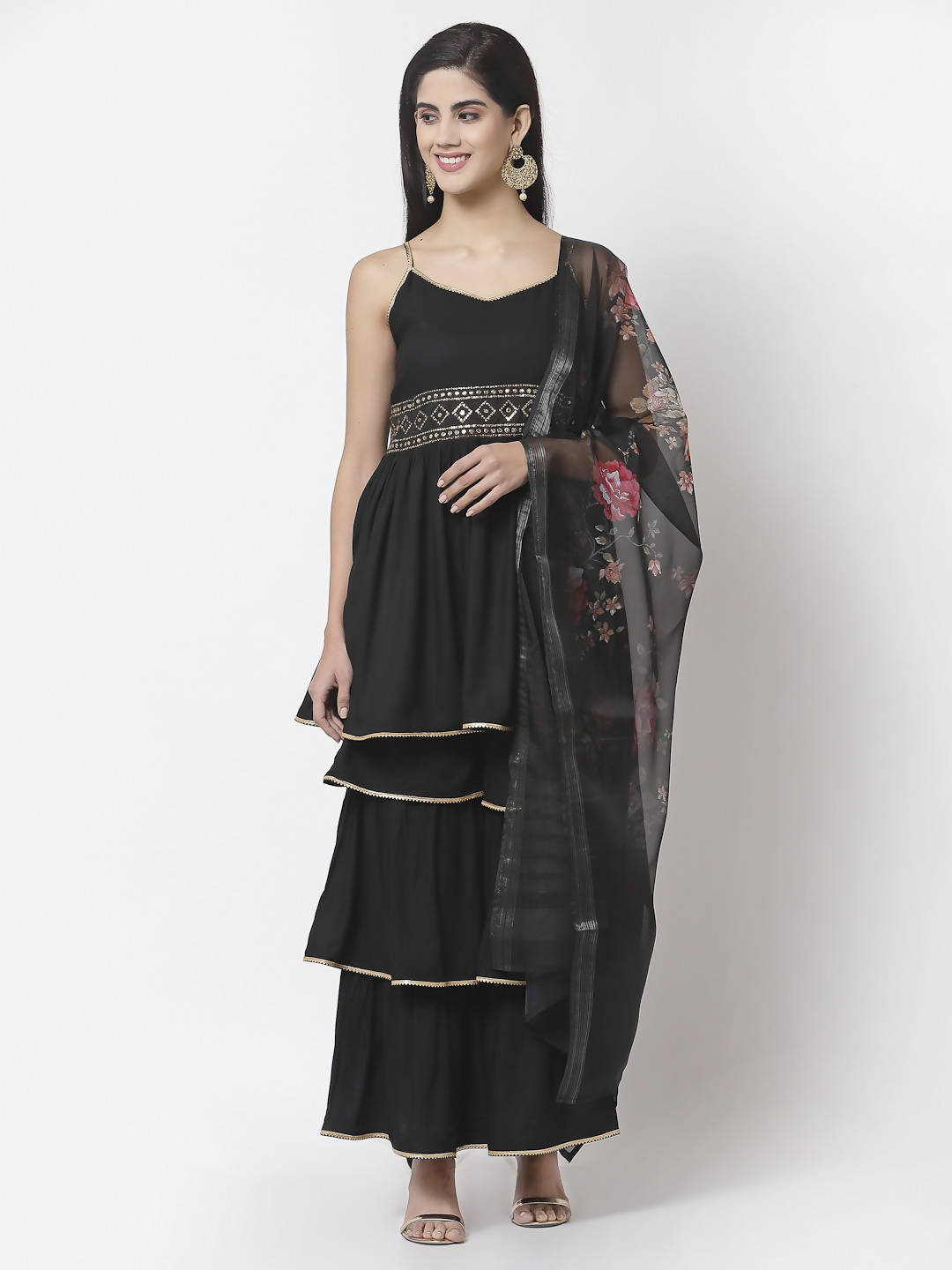 Myshka Women Black Rayon Solid Sleeveless Round Neck Kurta With Sharara & Dupatta Set | Swadesiicart