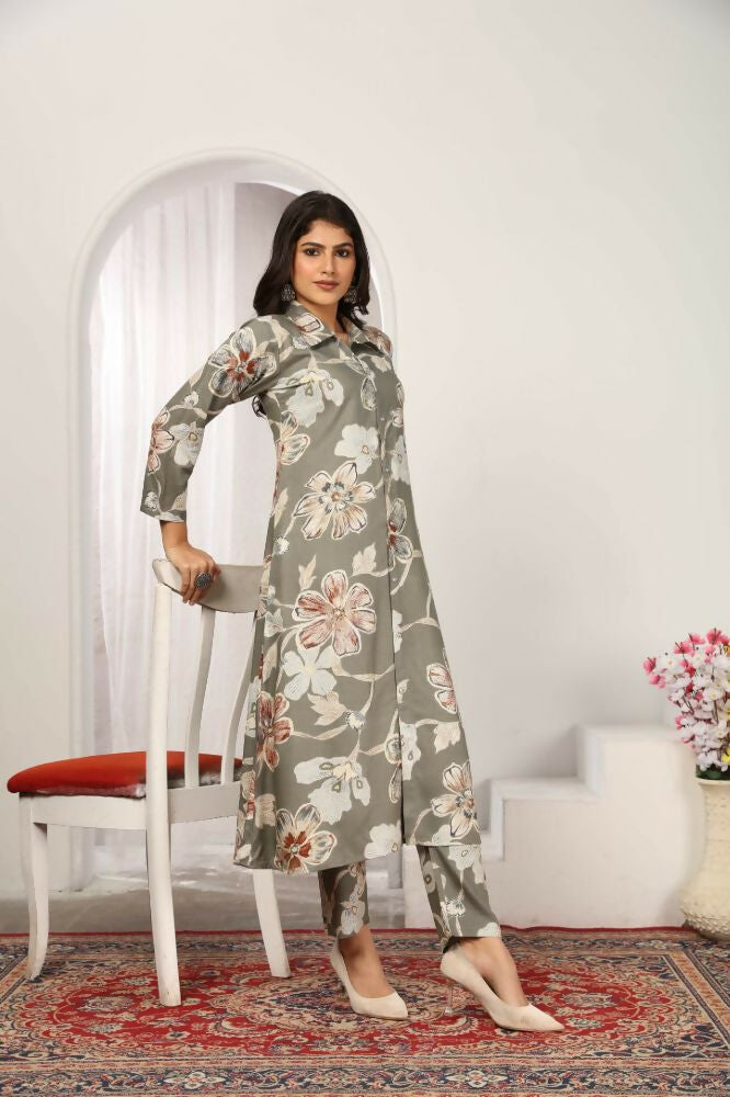 Jyoti Fashion Women's Grey Chanderi Silk Floral Print with Side Pocket Kurtis & Sets | Swadesiicart