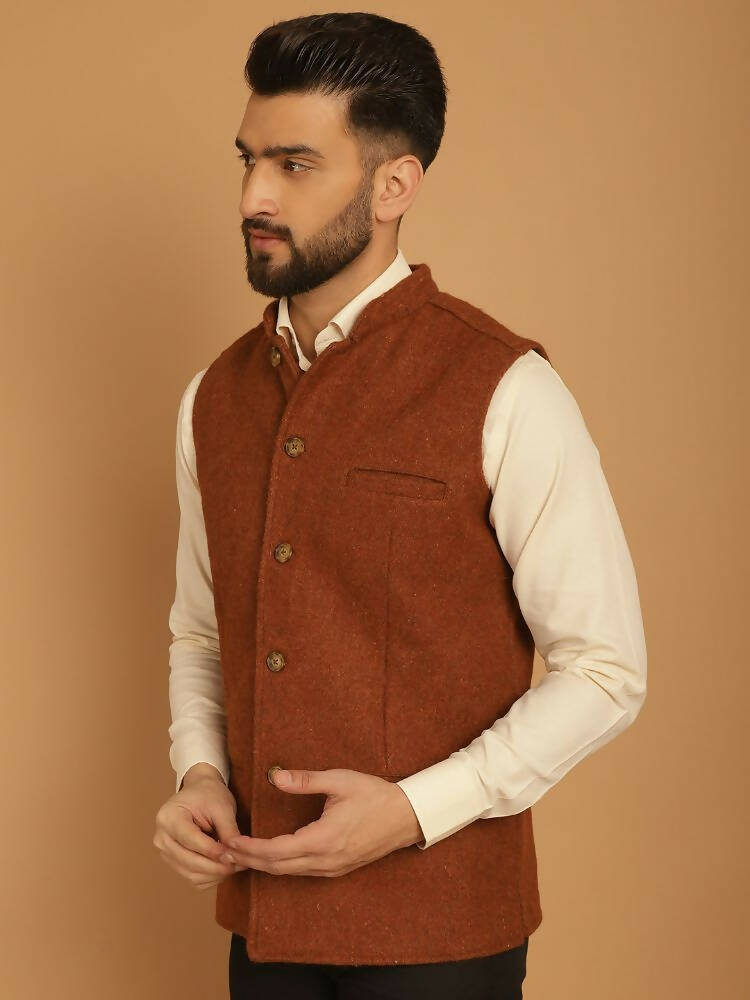 Even Apparels Pure Wool Nehru Jacket - Brown | Swadesiicart