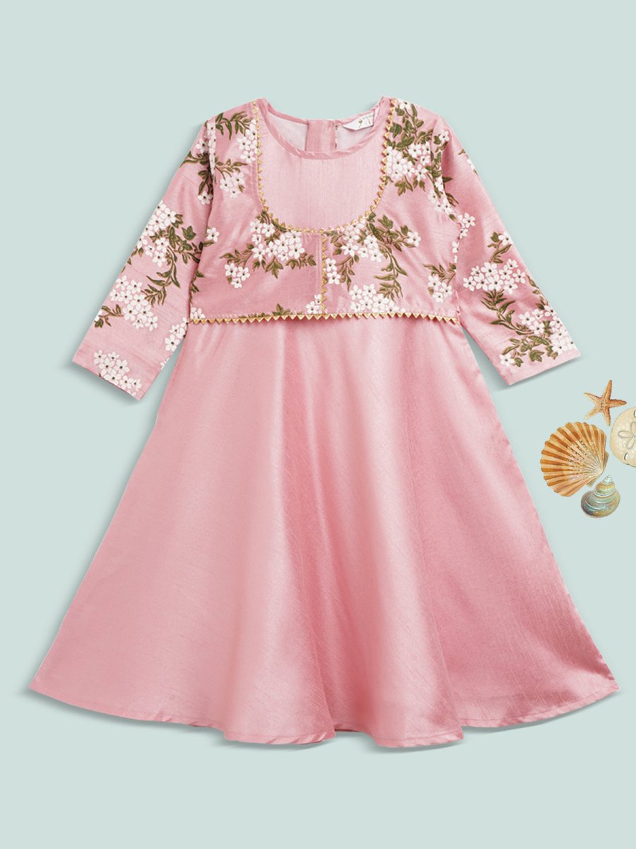 Ahalyaa Girls Pink Poly Silk Solid Kids Kurta With Printed Jacket | Swadesiicart