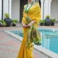Vishnu Weaves Women's Yellow Raw Silk Patola Zari Woven Saree with Blouse - Swadesiicart