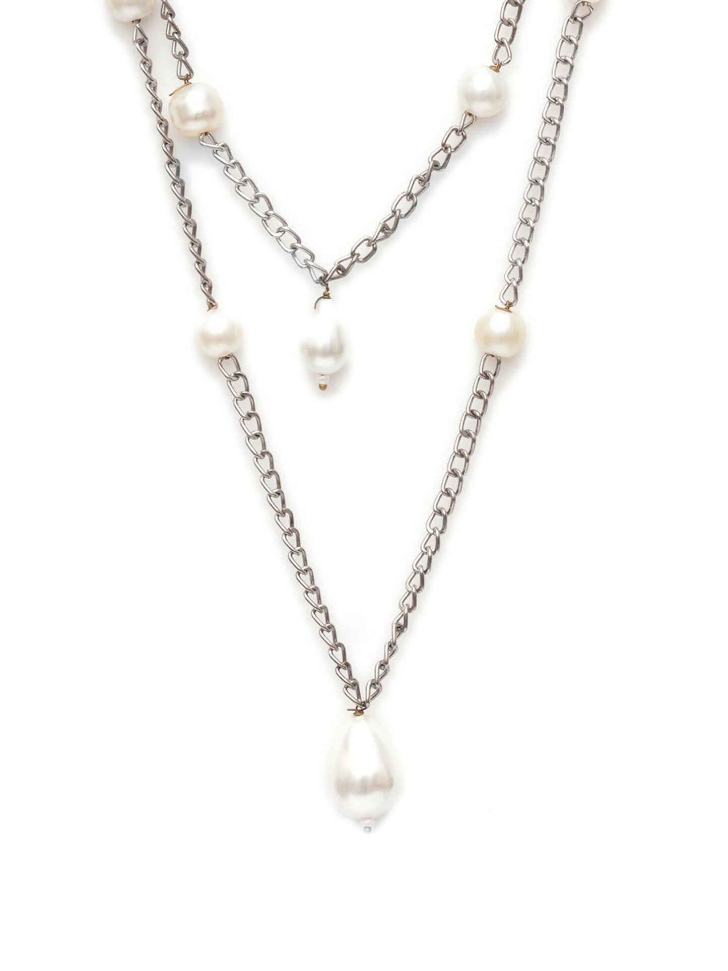 Layered Pearl and Silver Neckpiece (silver) - Ruby Raang | Swadesiicart