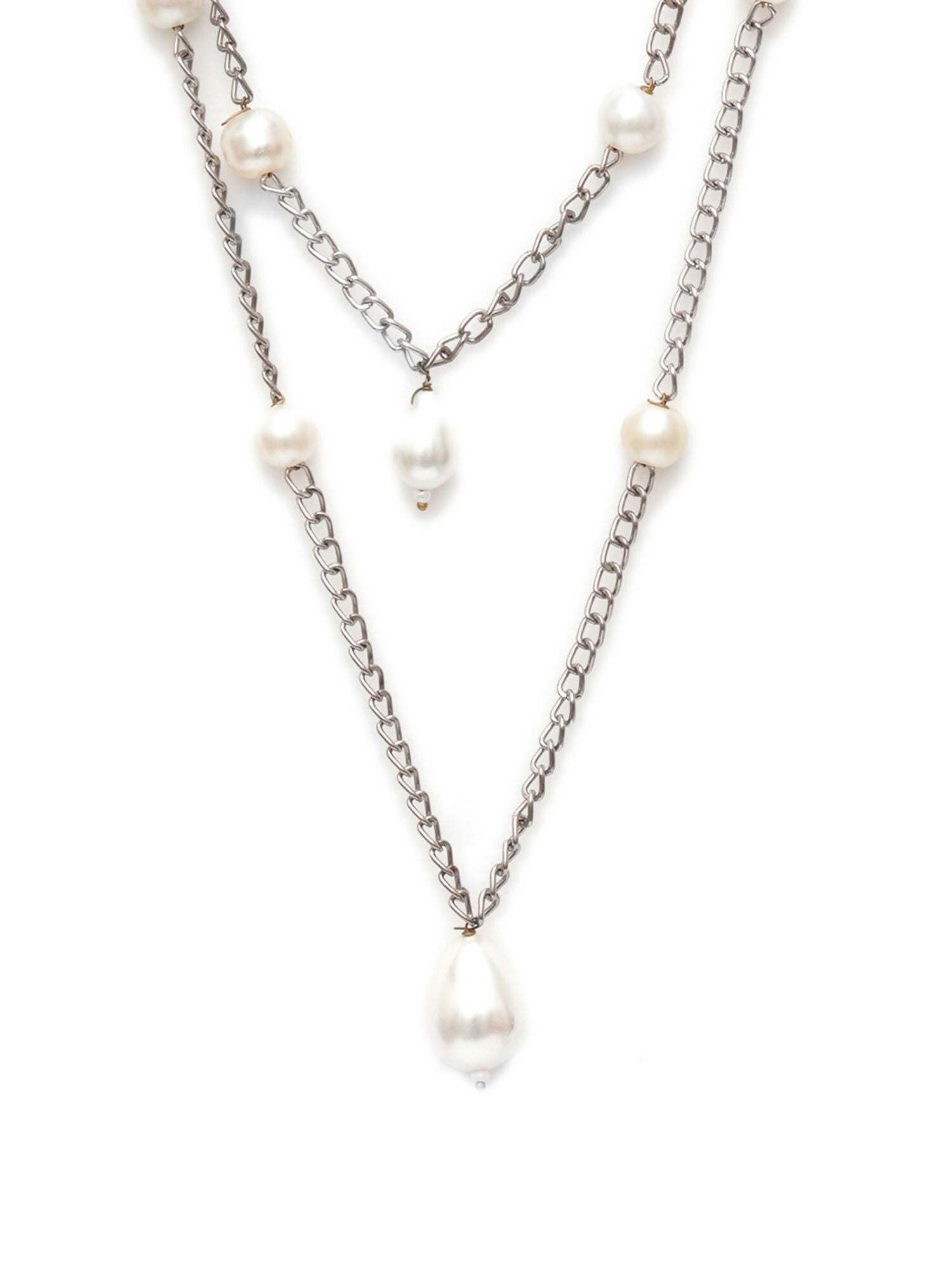 Layered Pearl and Silver Neckpiece (silver) - Ruby Raang | Swadesiicart