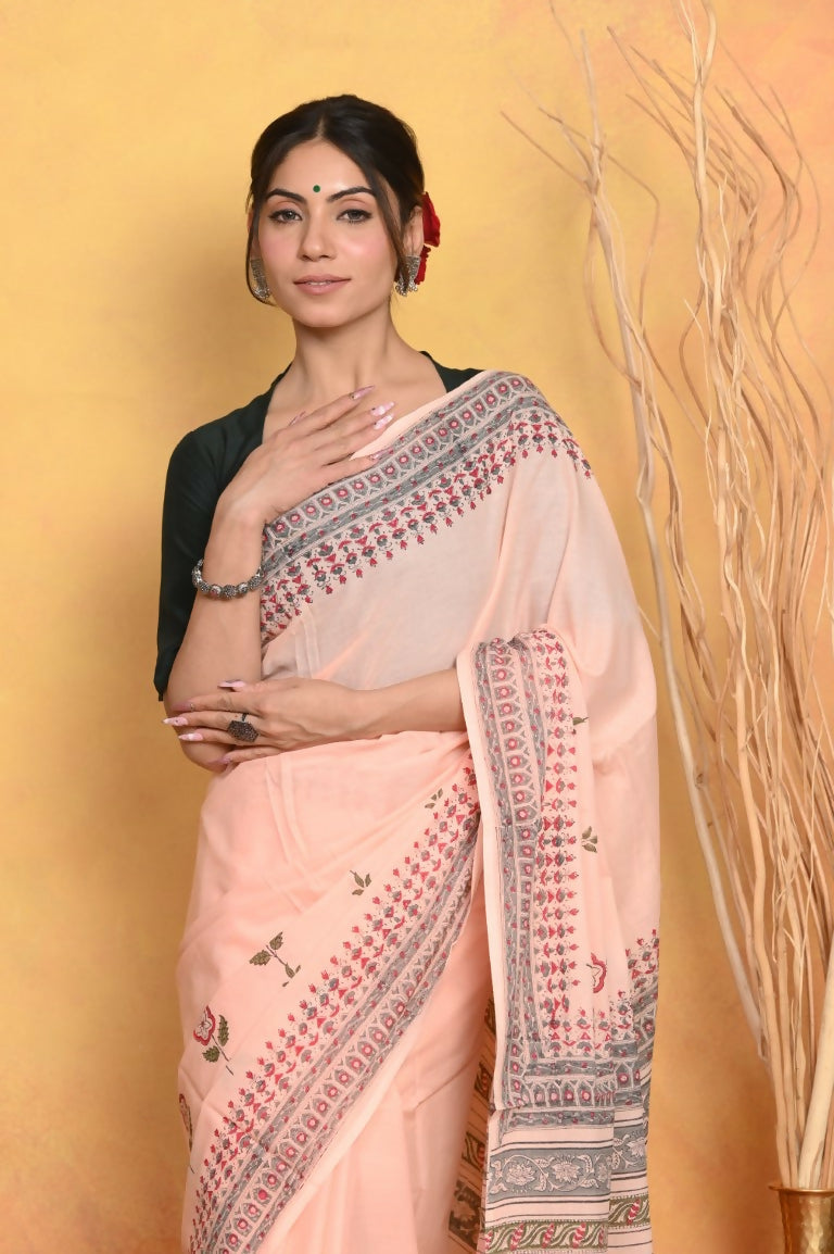 Very Much Indian Handblock Printed Cotton Saree With Natural Dyes - Peach | Swadesiicart