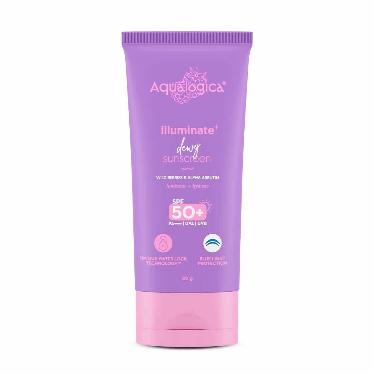Aqualogica Illuminate+ Dewy Sunscreen SPF 50+ PA++++ with Wild Berries & Alpha Arbutin, Protection Against Uva/B & Blue Light Protection - Distacart