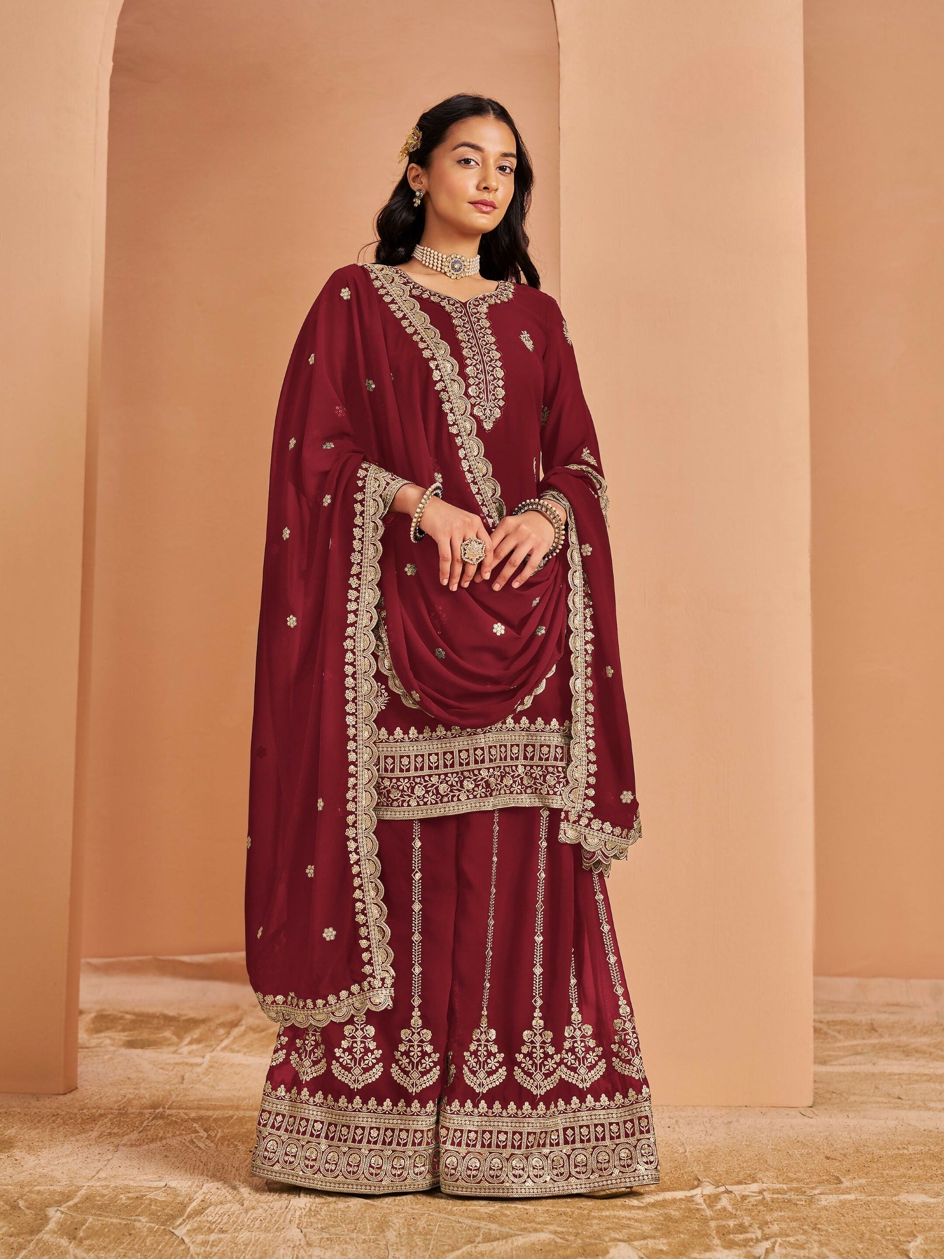 Anaita Maroon Premium Georgette Embroidered Stitched Salwar Suit