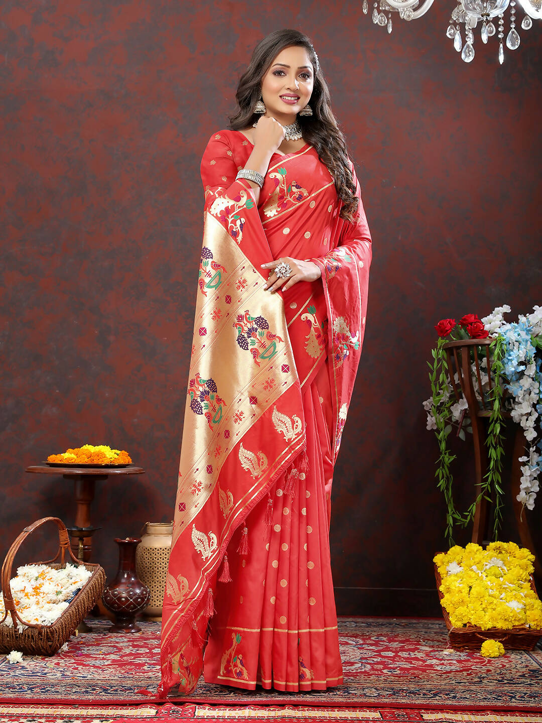 Lorenvalley Fashion Red Soft Paithani Silk Woven Design Gold Zari Meenakari Weaving Saree - Swadesiicart