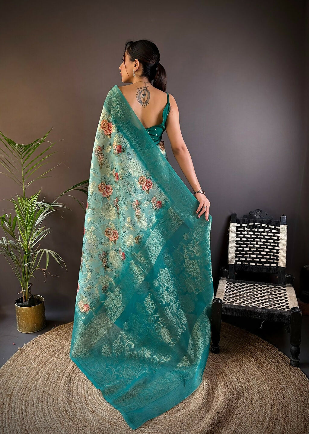 Joban Fashion Teal Floral Motifs Banarasi Silk Sarees | Swadesiicart