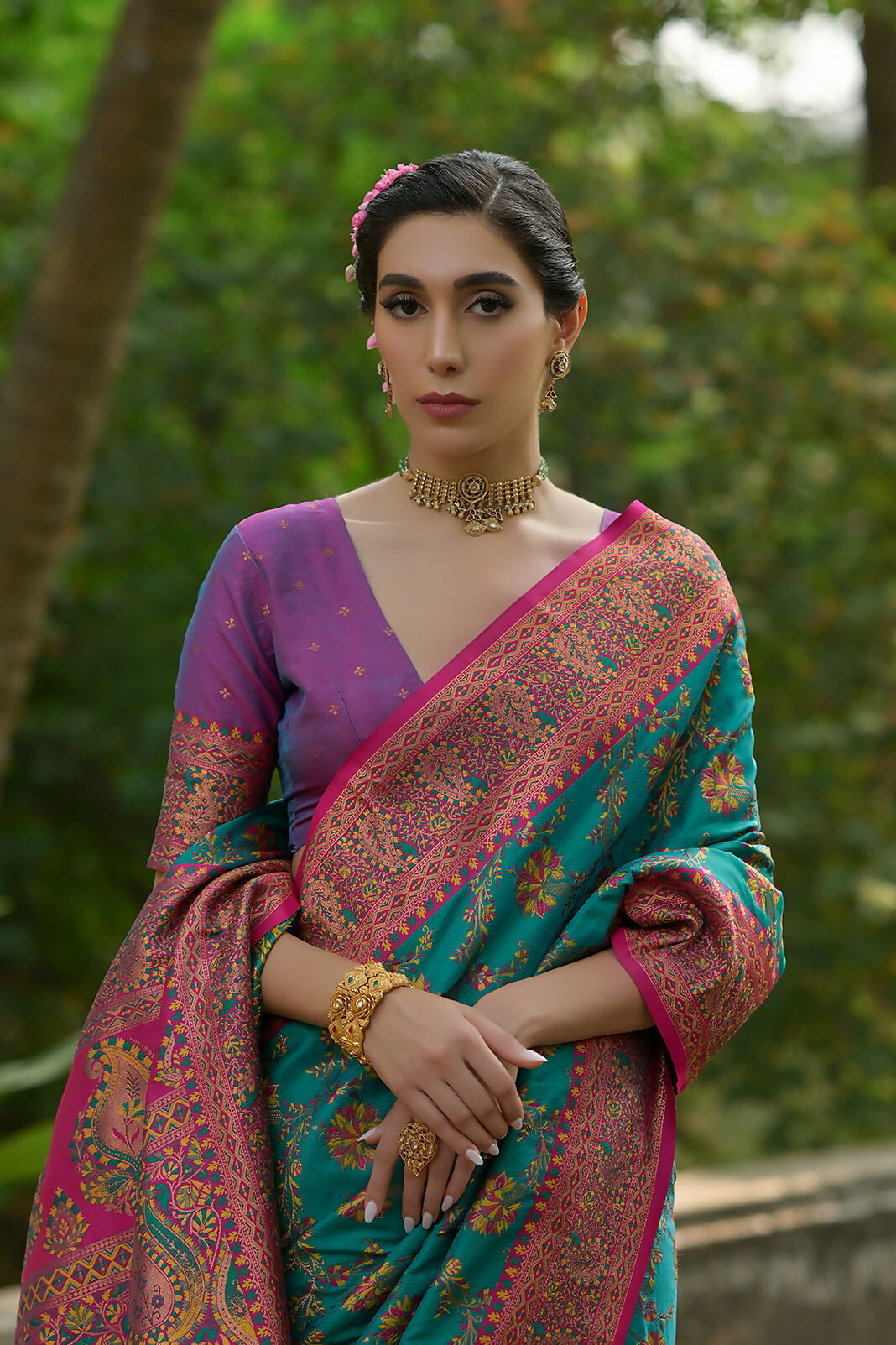 Vishnu Weaves Women's Rama Pashmina Silk Thread Woven Saree with Blouse - Swadesiicart