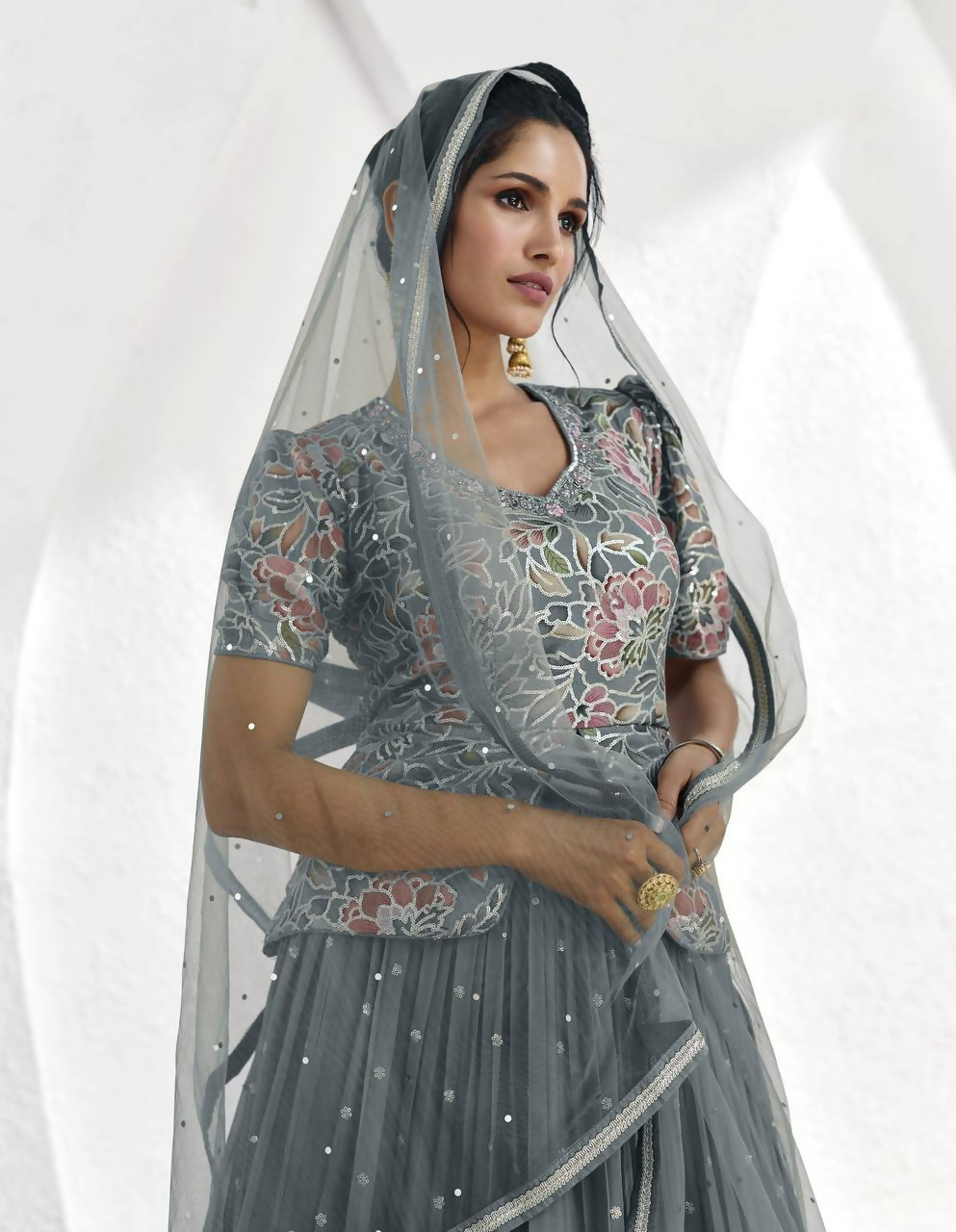 Lorenvalley Fashion Grey Faux Georgette Embroidery with Sequince Work Salwar Lehenga Stitched | Swadesiicart