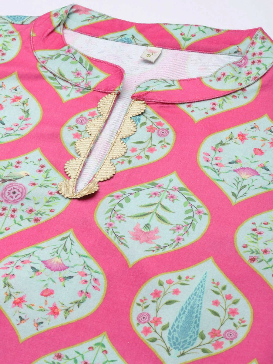 Ahalyaa Women Pink & Sea Green Floral Printed Gotta Patti Velvet Kurta | Swadesiicart