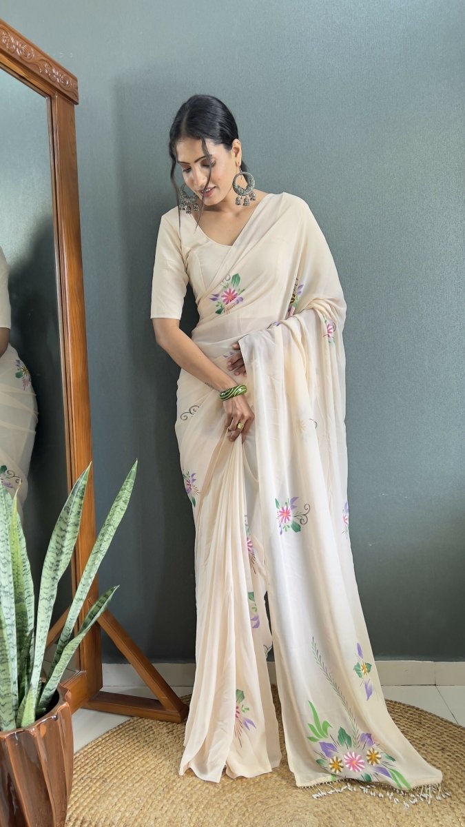 Aayaa Designer 1 min Hand Painted Ready to Wear saree - Off White | Swadesiicart