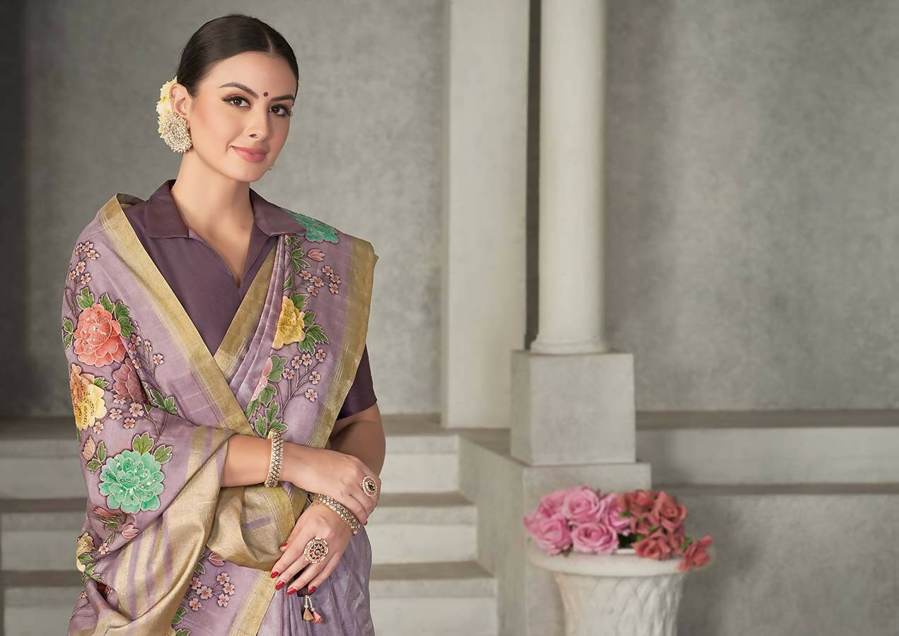 Lavendar Rangkat Tussar Silk Woven Design Saree with Unstitched Blouse - Mohmanthan Eshani | Swadesiicart