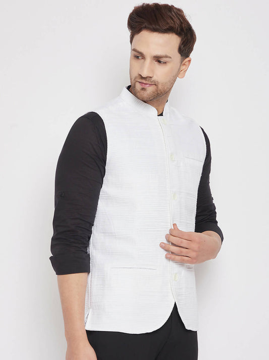 Even Apparels White Cotton Men Woven Nehru Jacket | Swadesiicart