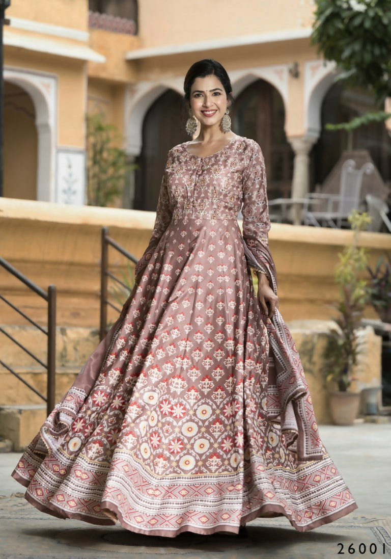 Wedding Designer PaleMauve Soft Dola Silk Anarkali suit with Dupatta - Samanta - Swadesiicart