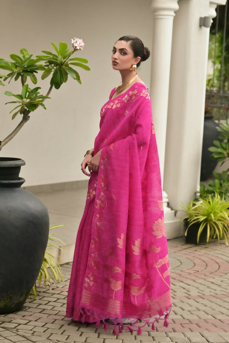 Vishnu Weaves Women's Pink Linen Silk Zari Weaving Saree with Blouse - Swadesiicart