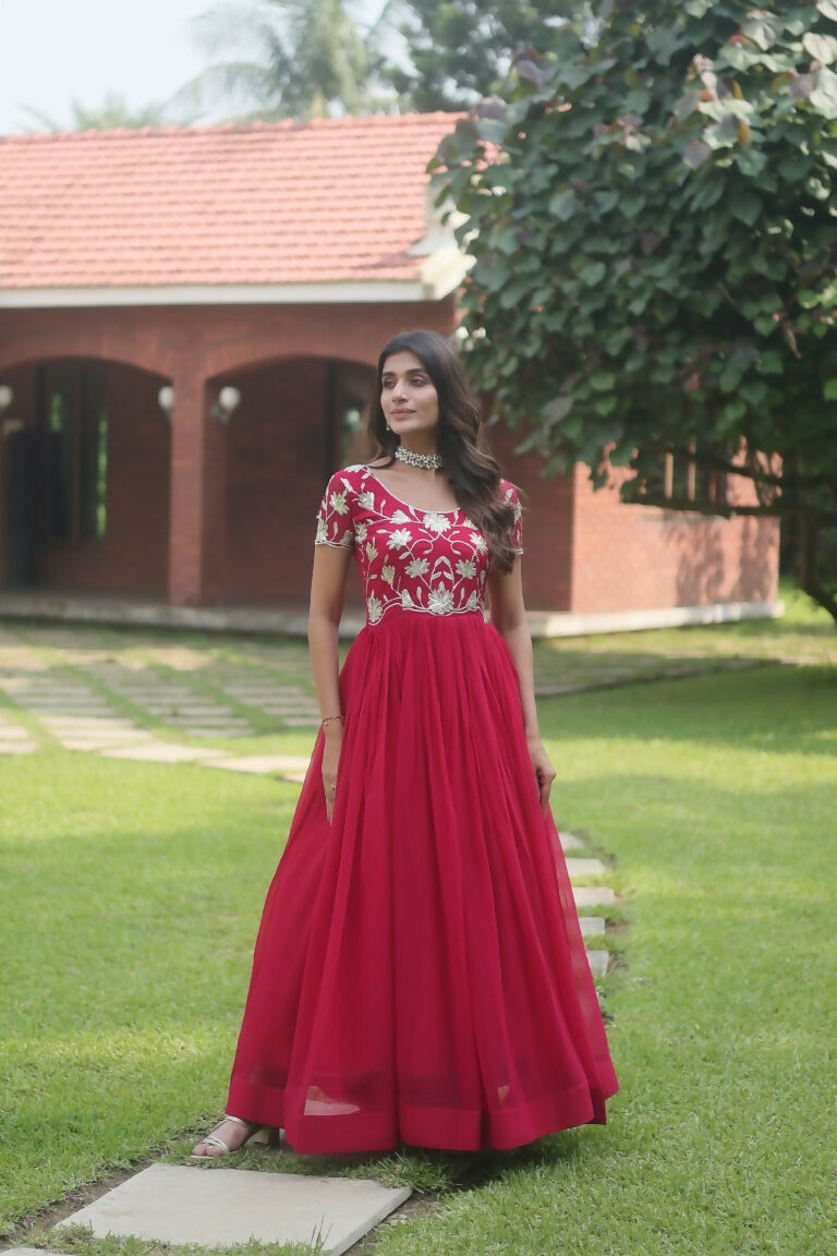 Jyoti Fashion Women's Rani Pink Sequins Embroidered Faux Georgette Anarkali Dress | Swadesiicart