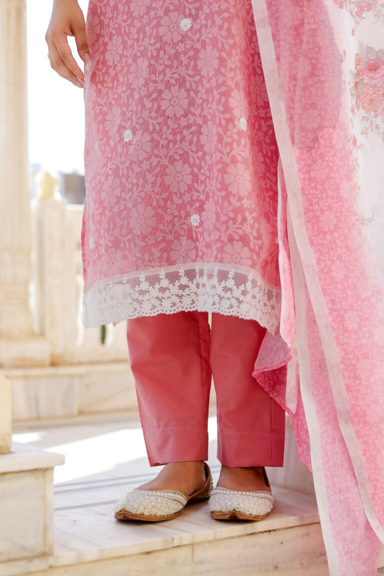 Vaasva Women Candy Pink Linen Printed Kurta, Pant & Dupatta set | Swadesiicart
