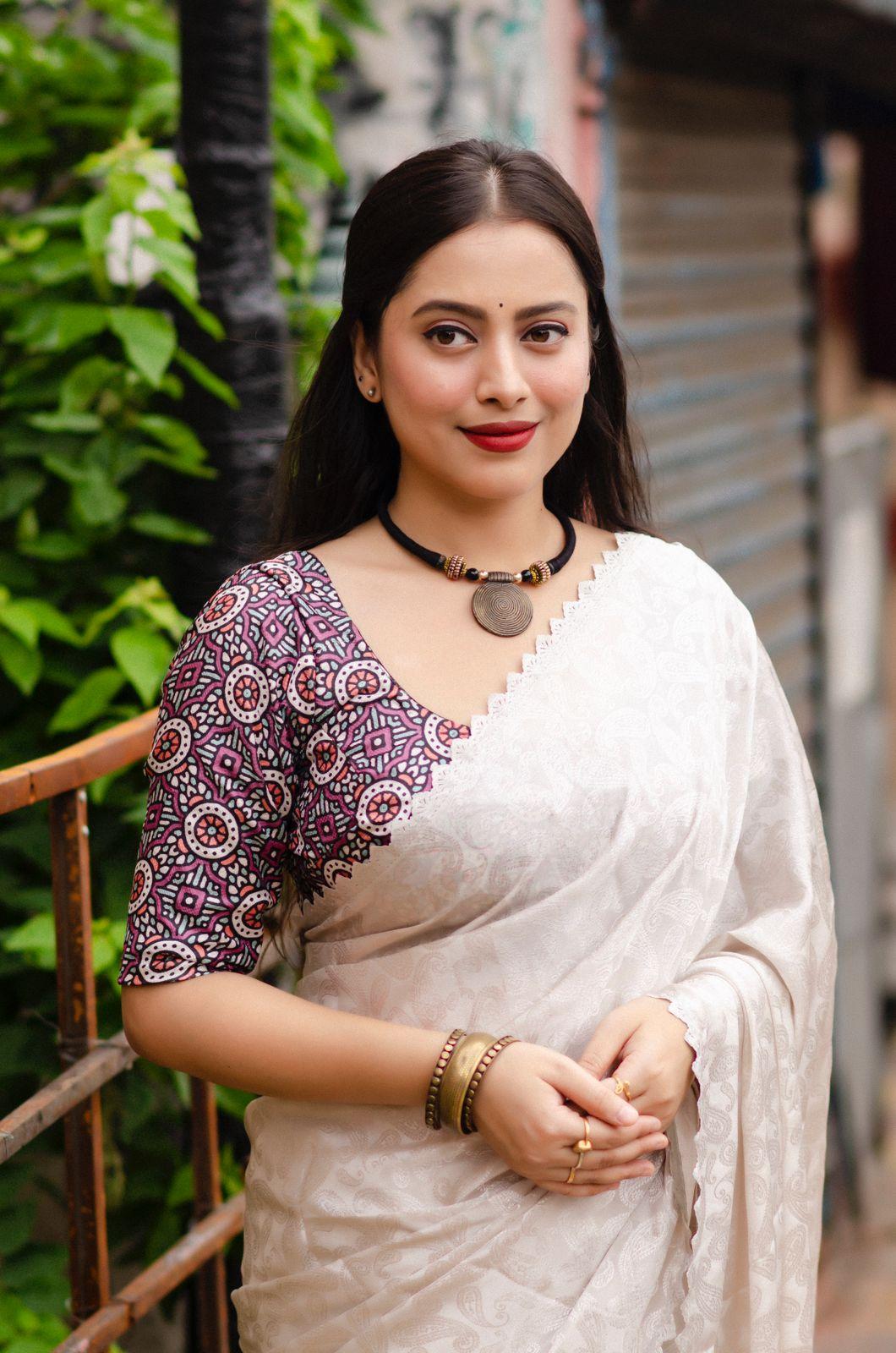Grey Poly Silk Ethnic Motifs Saree with Unstitched Blouse - Hiral Fashion | Swadesiicart