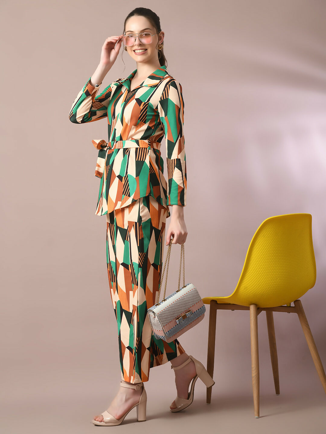 Myshka Women's Multi Printed Polo Collar Party Top With Trousers Co-ord set - Swadesiicart