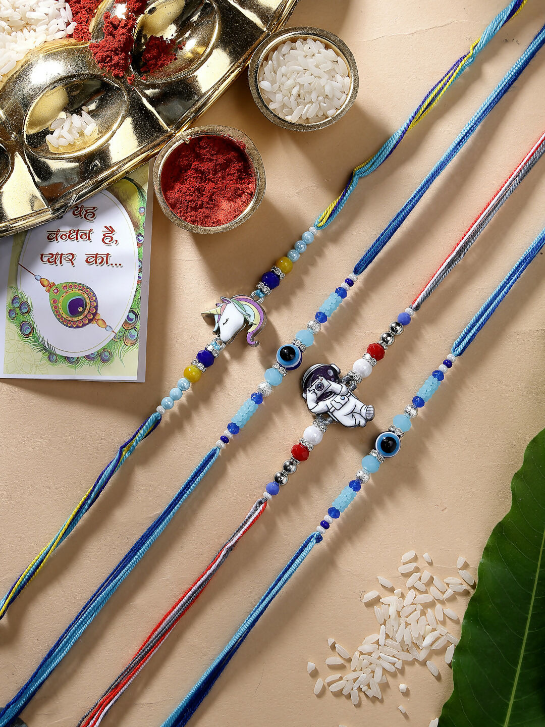 NVR Kids Set of 4 Multicolor Evil Eye & Artificial stone and beads Rakhi With Roli Chawal | Swadesiicart