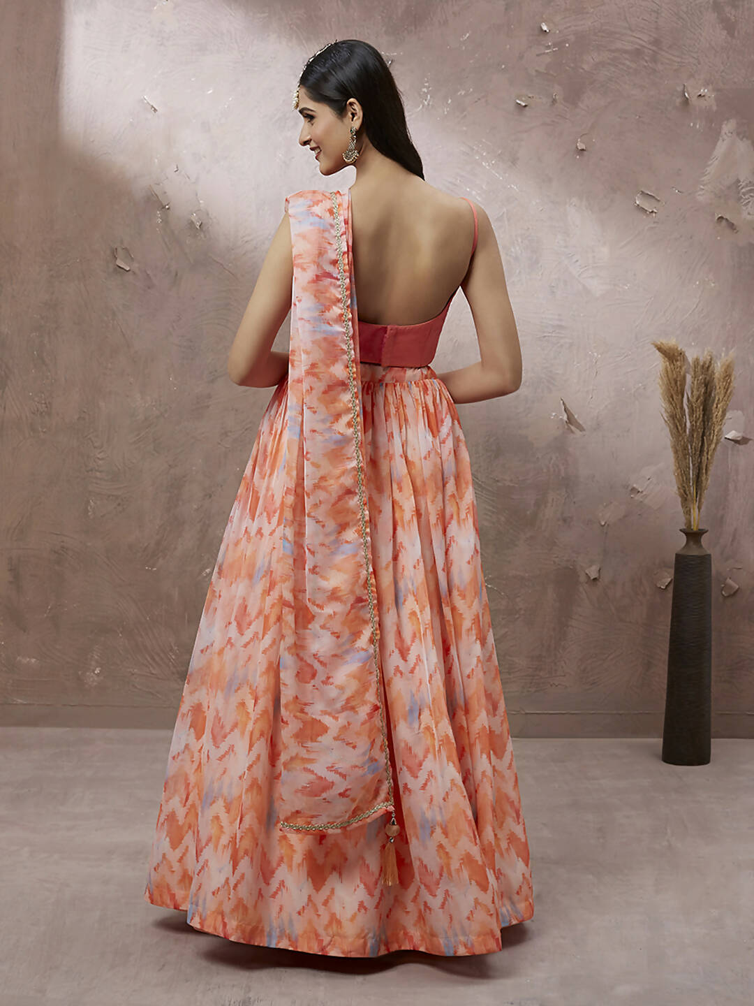 House of Panchhi Peach Organza Floral Printed Lehenga choli & Dupatta | Swadesiicart