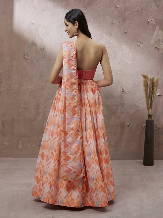 House of Panchhi Peach Organza Floral Printed Lehenga choli & Dupatta | Swadesiicart