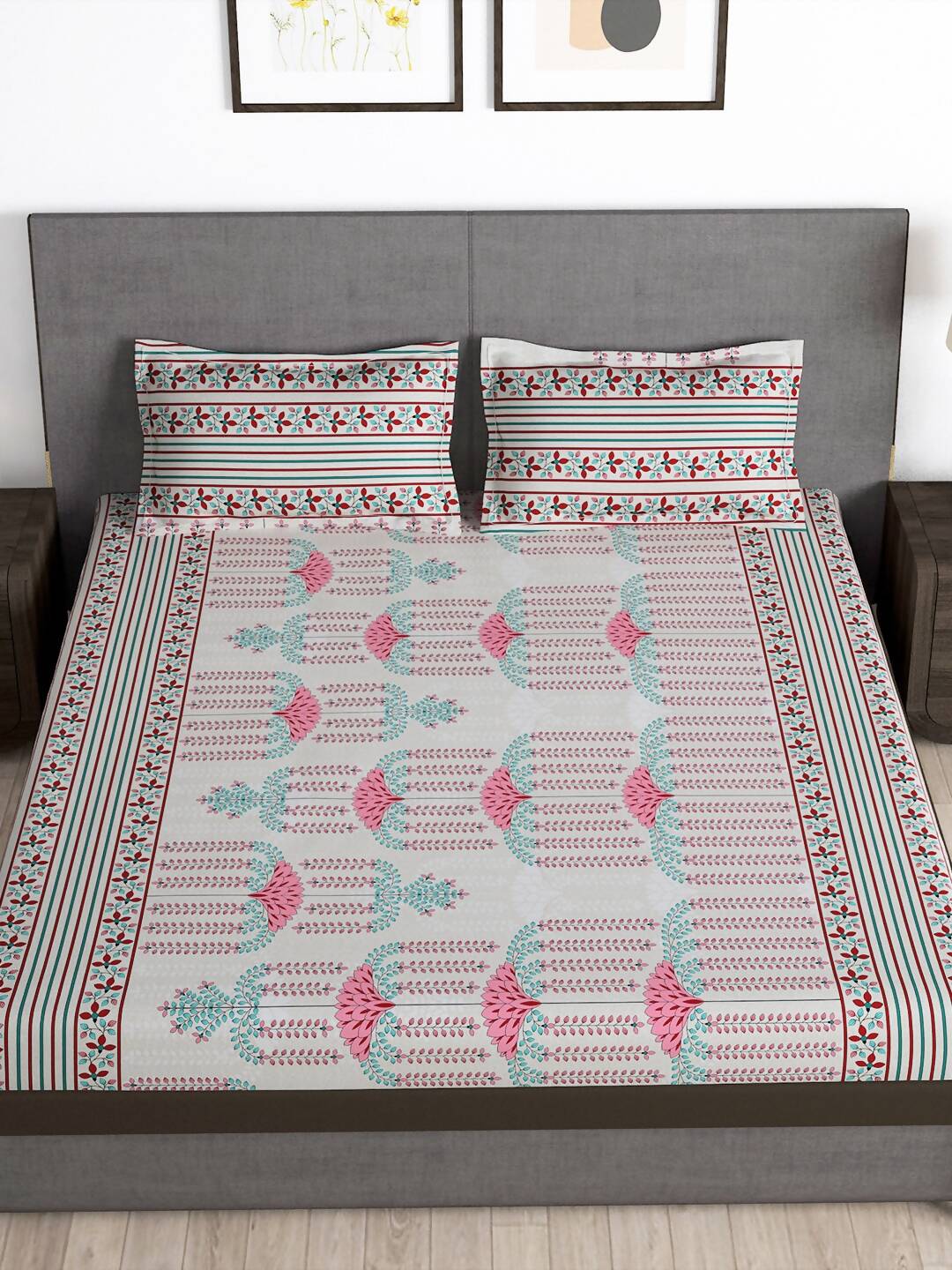 Story@home Grey & Pink Ethnic Motifs 180 TC Bedsheet with Pillow Cover - Swadesiicart