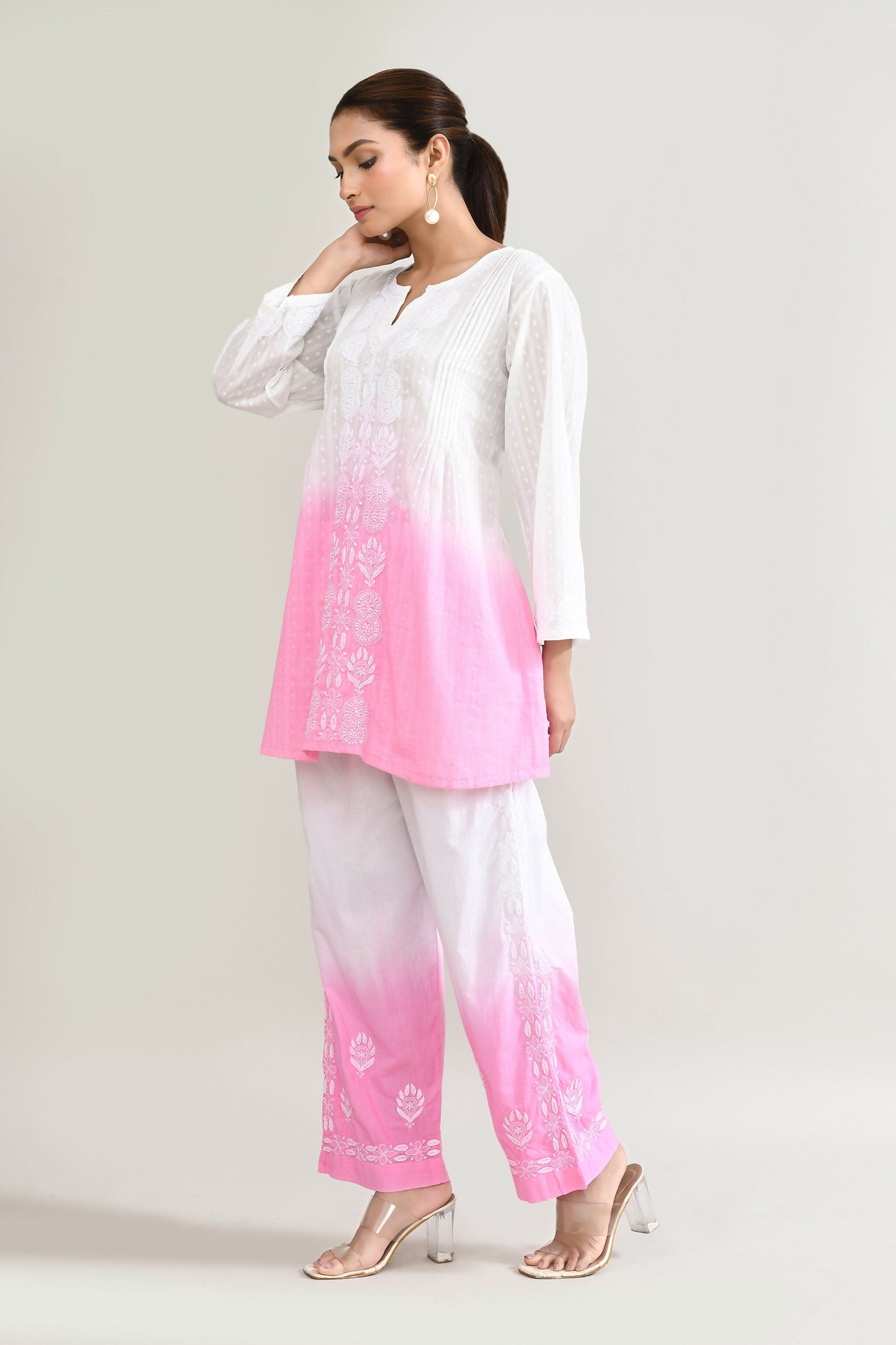 Joban Fashion Womens Cotton ChikanKari Pink & White Cord set - Swadesiicart