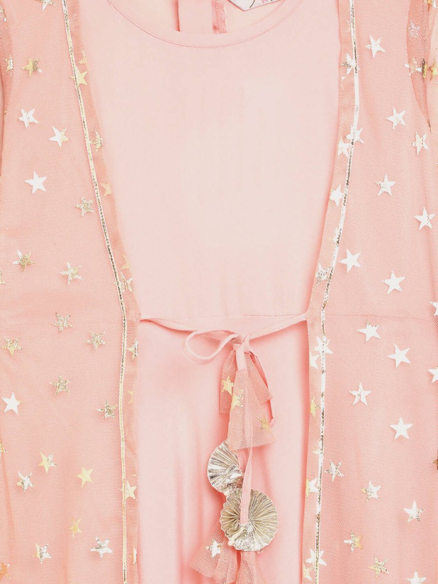 Ahalyaa Pink Crepe & Net Foil Print Kids Dress For Girls | Swadesiicart
