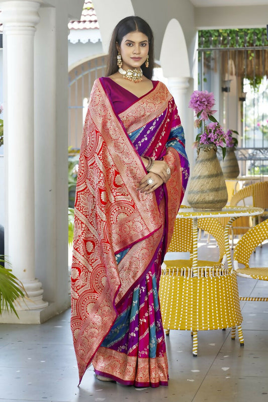Vishnu Weaves Women's Pink Banarasi Silk Zari Woven Saree with Blouse - Swadesiicart