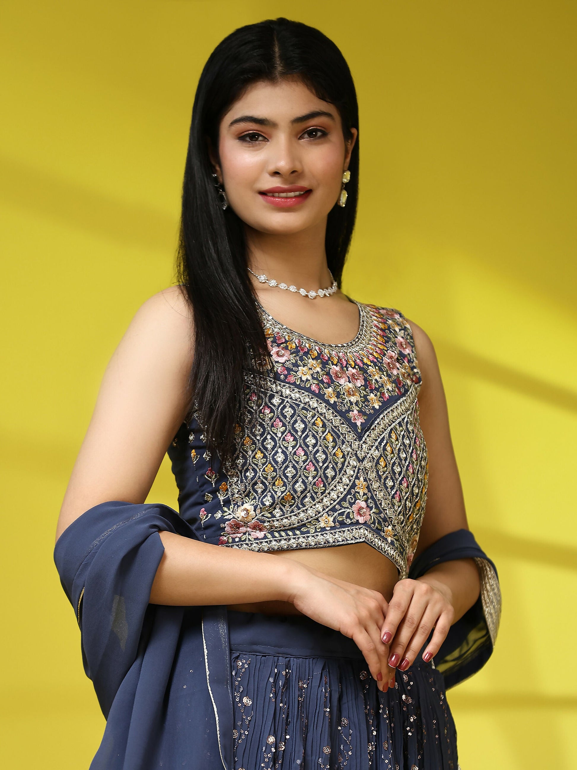 Dark Grey Georgette Embroidered Lehenga choli with Dupatta - Dhara | Swadesiicart