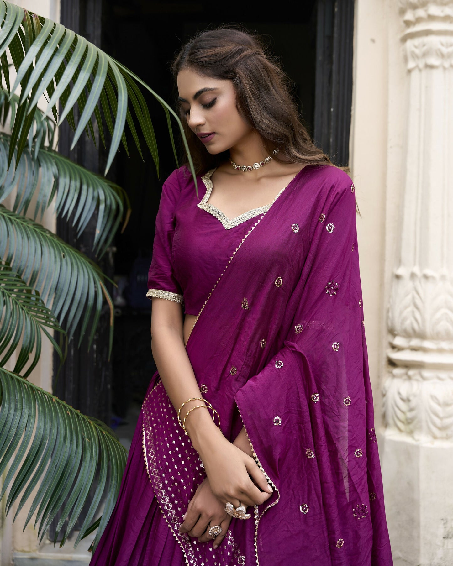 Lorenvalley Wine Pure Chanderi Plain With Zari Weaving Work Border Lehenga Choli | Swadesiicart