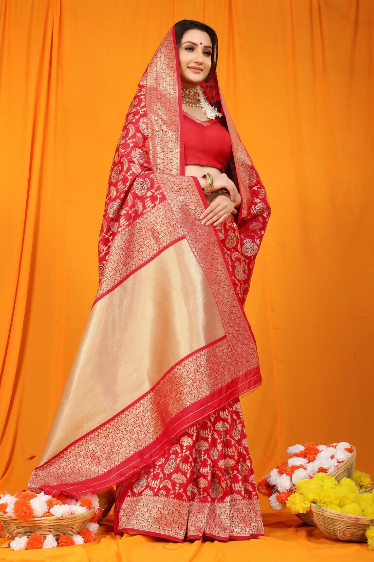 Jyoti Fashion Women's Maroon Kanjivaram Silk Zari Woven Saree with Blouse | Swadesiicart