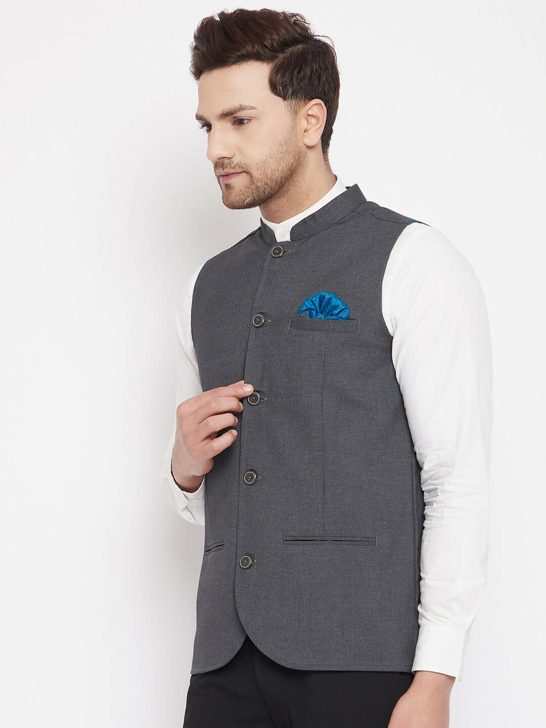 Even Apparels Men's Grey Merino Nehru Jacket-Contrast Lining-Free Pocket Square | Swadesiicart