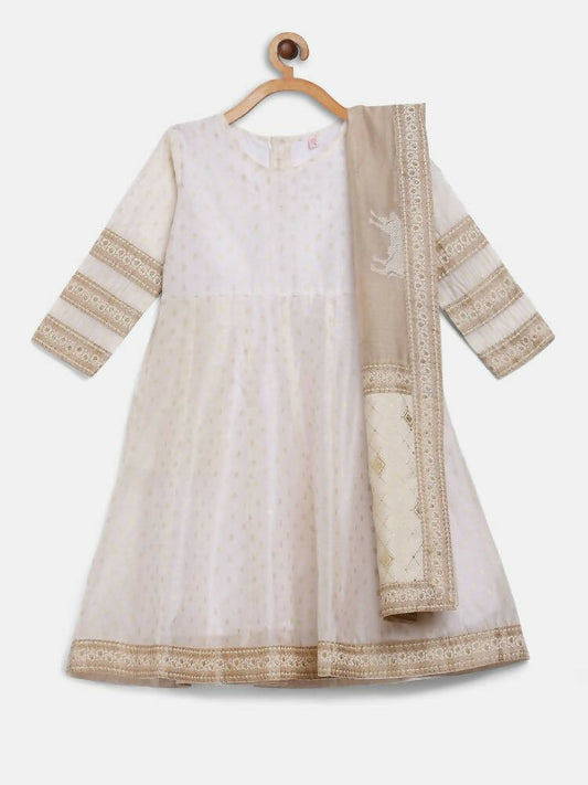 Ahalyaa Off White Chanderi Anarkali Kids Kurta With Dupatta For Girls | Swadesiicart