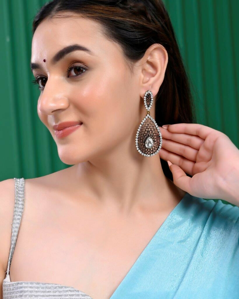 VOJ Set Of 2 Earrings- Blue Printed Jhumka With Black AD Studded Drop Earrings - Swadesiicart