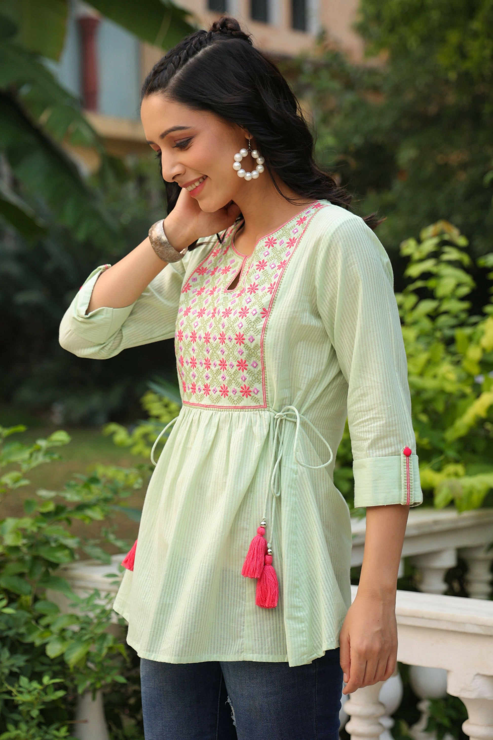 Juniper Women's Green Cotton Dobby Solid Embroidered Straight Tunic | Swadesiicart