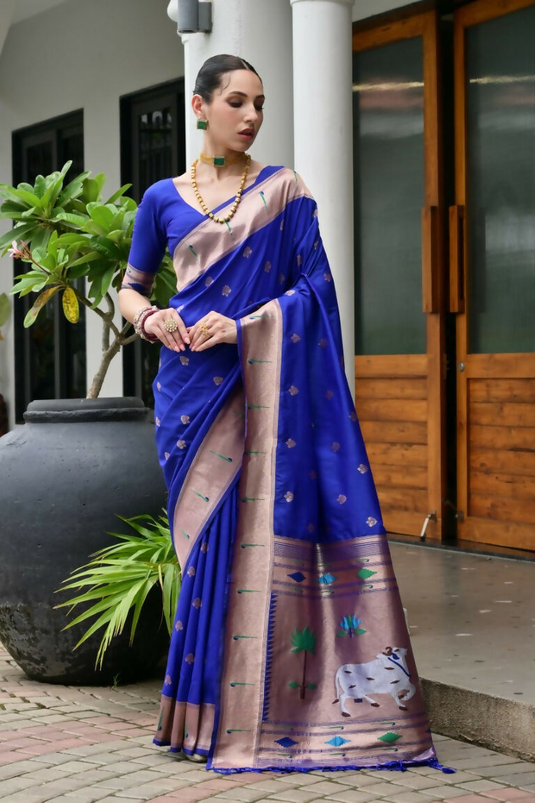 Vishnu Weaves Women's Royal Paithani Silk Zari Woven Saree with Blouse - Swadesiicart