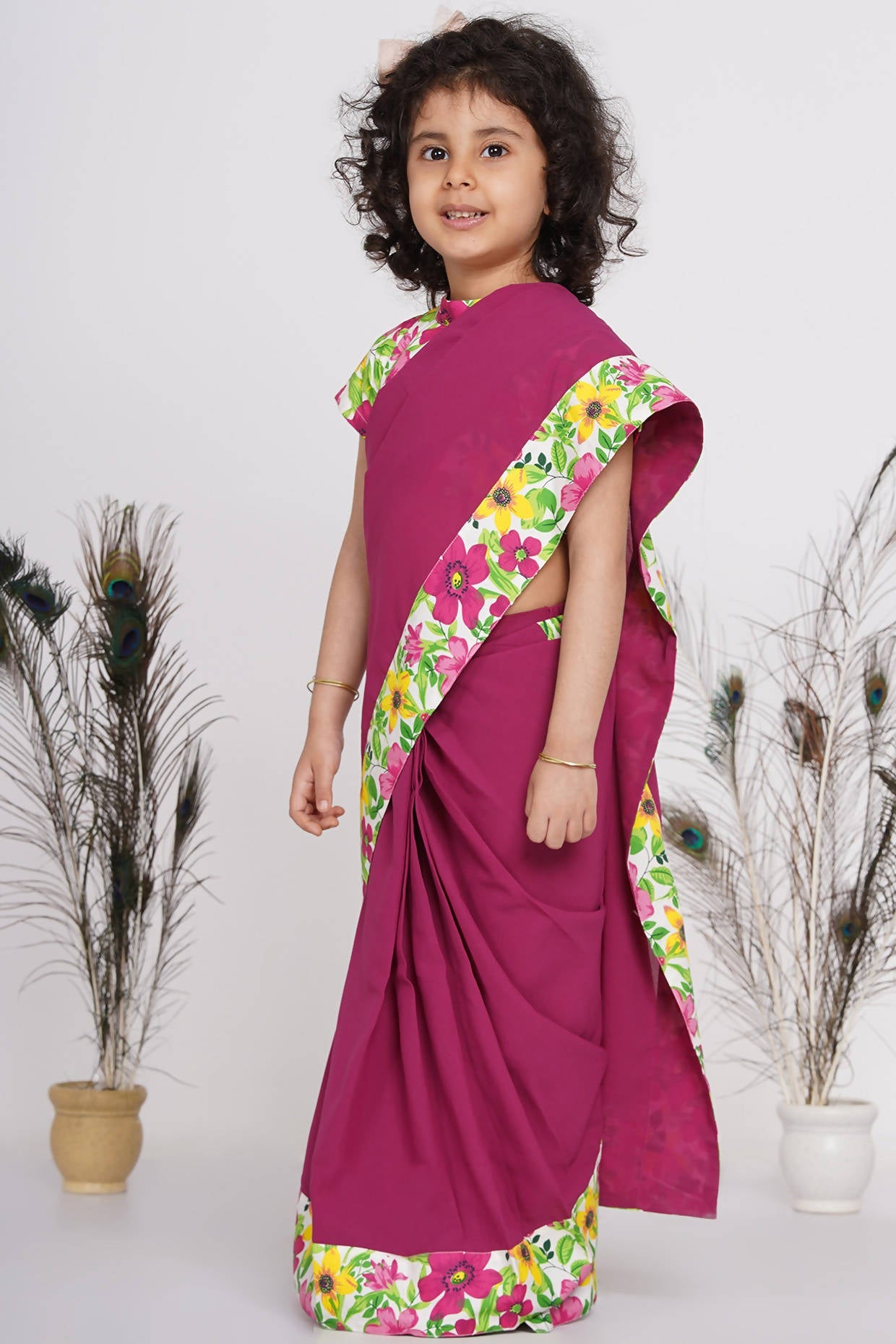 Little Bansi Girls Floral Print Ready to Wear Saree and Floral Blouse - Magenta | Swadesiicart